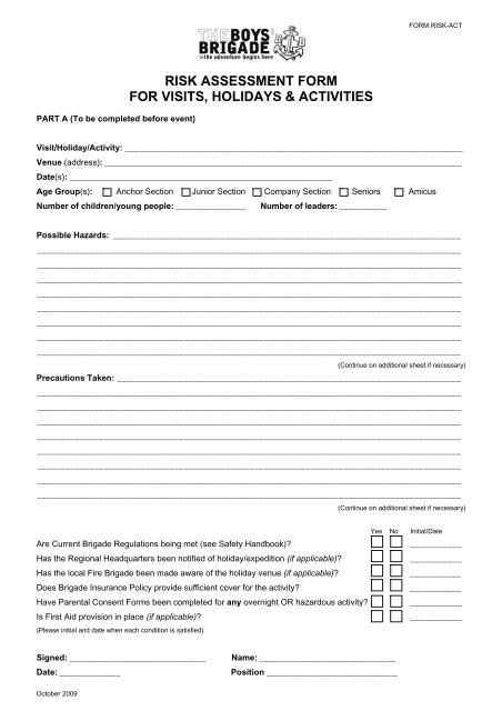 RISK ASSESSMENT FORM FOR VISITS HOLIDAYS & ACTIVITIES