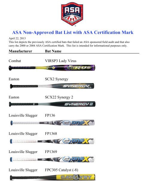 ASA Non-Approved Bat List with ASA Certification Mark