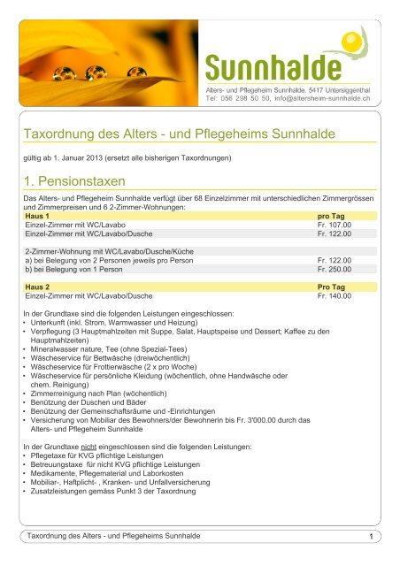 Taxordnung Des Alters Und Pflegeheims Sunnhalde 1 Pensionstaxen
