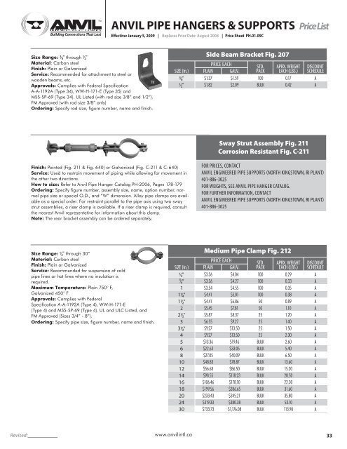 ANVIL PIPE HANGERS AND SUPPORTS price list and condensed catalog