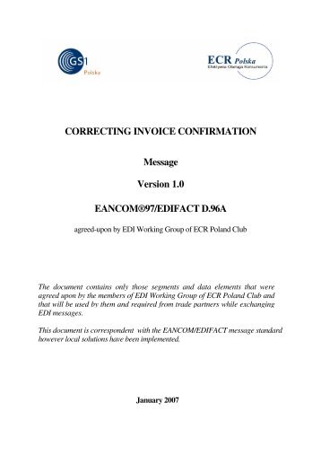 CORRECTING INVOICE CONFIRMATION Message Version 1.0 EANCOM®97/EDIFACT D.96A