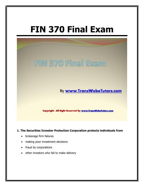 UOP FIN 370 Final Exam Free Answer