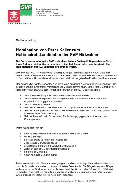 Nomination von Peter Keller zum Nationalratskandidaten der SVP Nidwalden