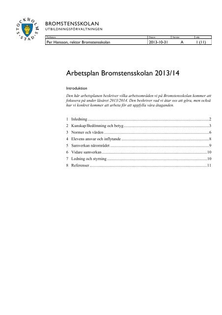 Arbetsplan Bromstensskolan 2013/14