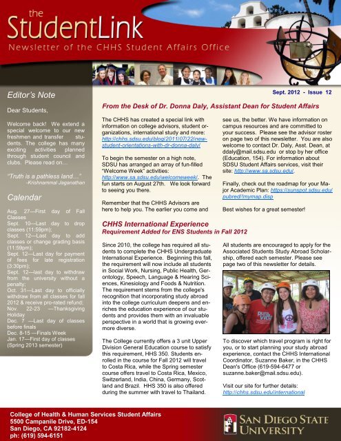 Editor's Note Calendar - SDSU College of Health & Human Services