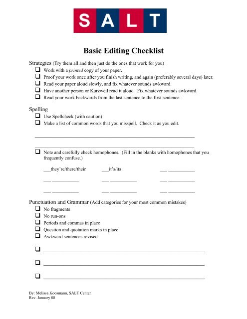 Very Basic Editing Checklist Basic Editing Checklist