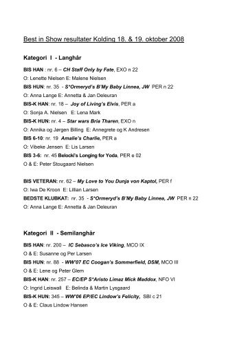 Best in Show resultater Kolding 18 & 19 oktober 2008