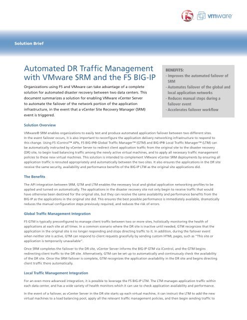 Automated DR Traffic Management with VMware SRM - F5 Networks