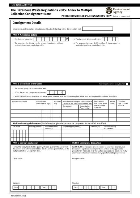 Annex to Multiple Collection Consignment Note - SMDSA