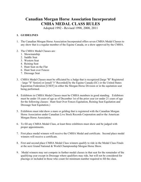 Canadian Morgan Horse Association Incorporated CMHA MEDAL CLASS RULES