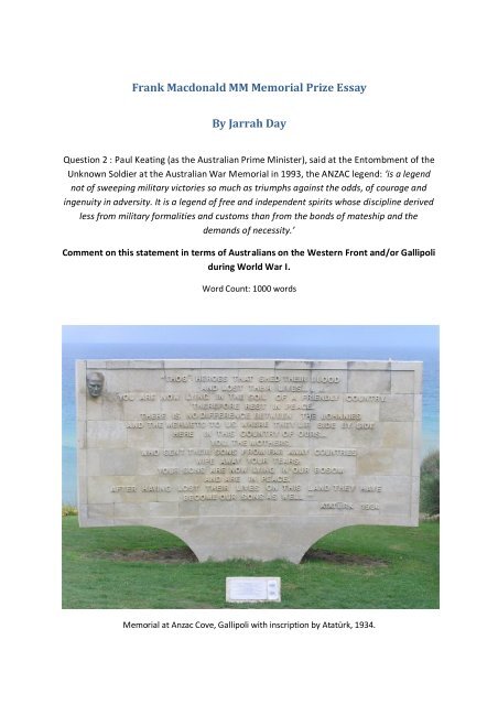 Frank Macdonald MM Memorial Prize Essay By Jarrah Day