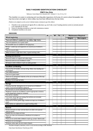 DAILY HAZARD IDENTIFICATION CHECKLIST CBC5 Use Only