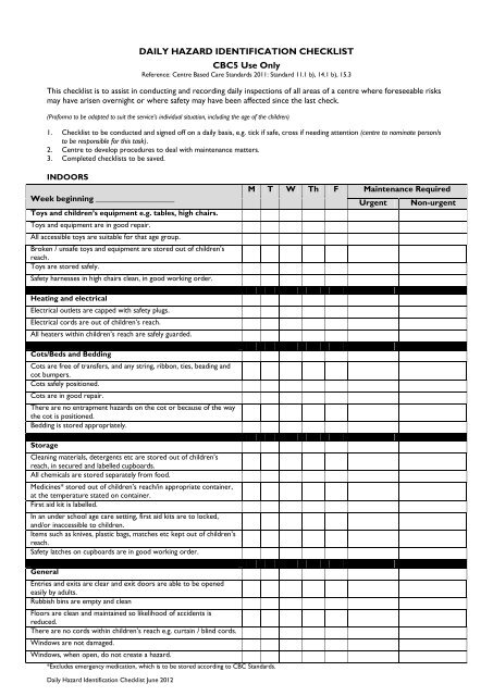 DAILY HAZARD IDENTIFICATION CHECKLIST CBC5 Use Only