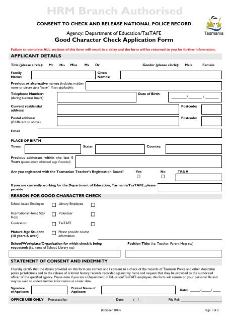 Good Character Check Application Form