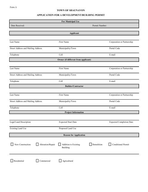 Development/Building Permit - Town of Shaunavon