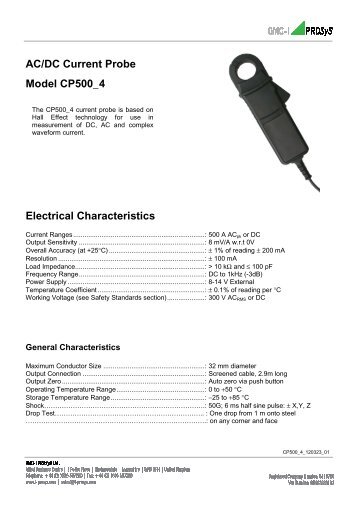 AC/DC Current Probe Model CP500_4 Electrical Characteristics