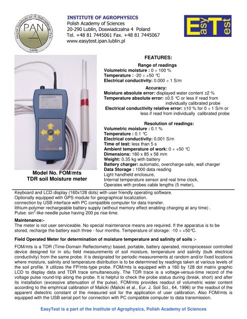 Model No FOM/mts TDR soil Moisture meter FEATURES