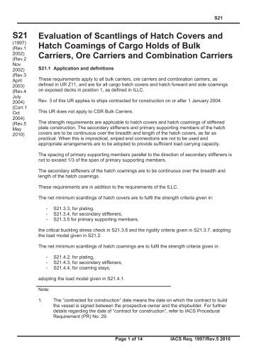 S21 Evaluation of Scantlings of Hatch Covers and Hatch Coamings ...