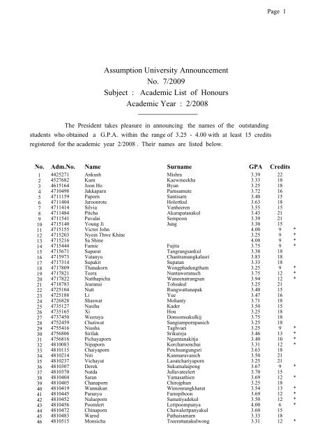 Assumption University Announcement No. 7/2009 ... - AU News