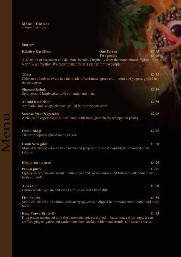 Menu : Dinner Starters Kebab e Karishma: One Person Â£5.95 Two ...