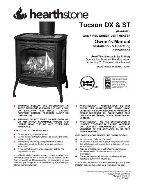 Tucson 8702 ST and DX Manual - Hearthstone Stoves