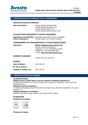Safety Data Sheet Avesta Pickling Spray 204/214 EU - Franska