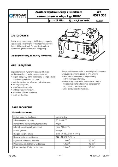 Zasilacz hydrauliczny z silnikiem zanurzonym w oleju typ UHBZ WK 0579 336