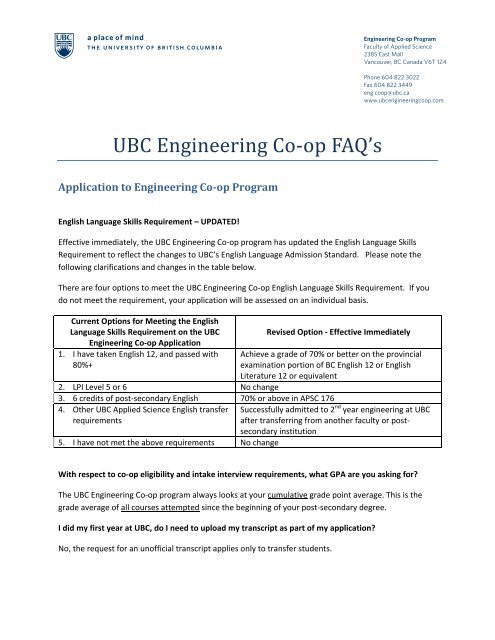 Coop Resume Template Ubc Ubc Engineering Co Op Faq S