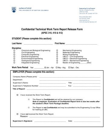 Confidential Technical Work Term Report Release Form