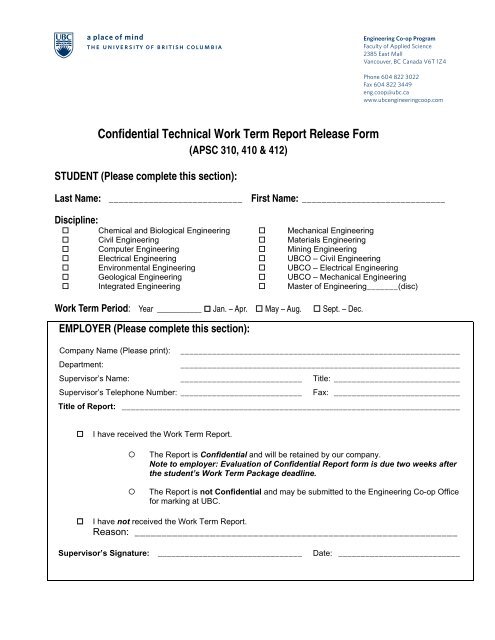 Confidential Technical Work Term Report Release Form