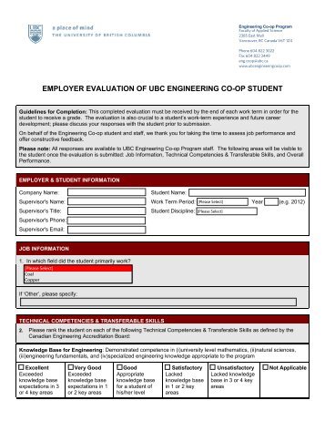 EMPLOYER EVALUATION OF UBC ENGINEERING CO-OP STUDENT