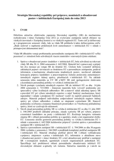 StratÃ©gia SR pri obsadzovanÃ­ postov v institÃºciÃ¡ch EÃ - Ãrad vlÃ¡dy SR