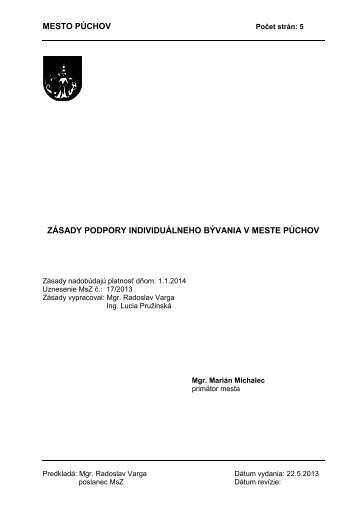 MESTO PÚCHOV ZÁSADY PODPORY INDIVIDUÁLNEHO BÝVANIA V MESTE PÚCHOV