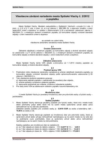 Všeobecne záväzné nariadenie mesta Spišské Vlachy č 2/2012 o poplatku
