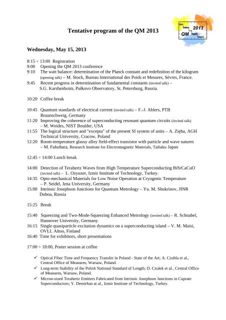 Tentative program of the QM 2013