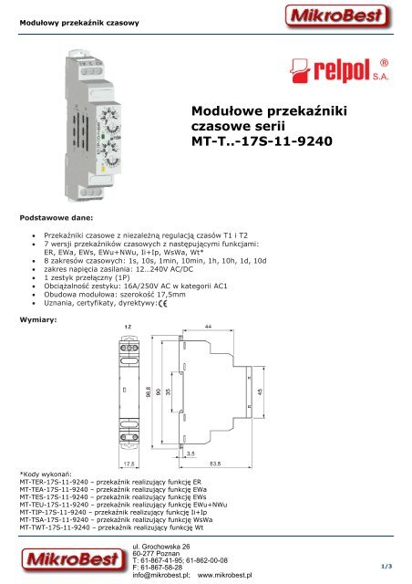 Modułowe przekaźniki czasowe serii MT-T..-17S-11-9240