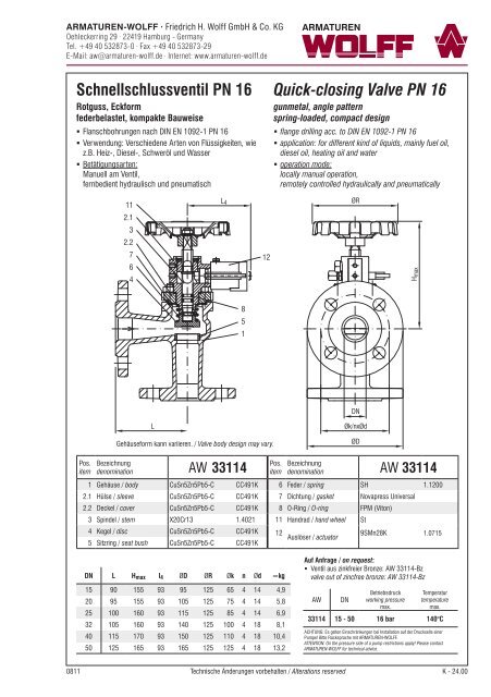 Schnellschlussventil PN 16 Quick-closing Valve PN 16