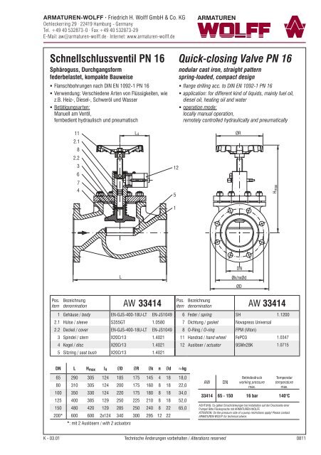 Schnellschlussventil PN 16 Quick-closing Valve PN 16