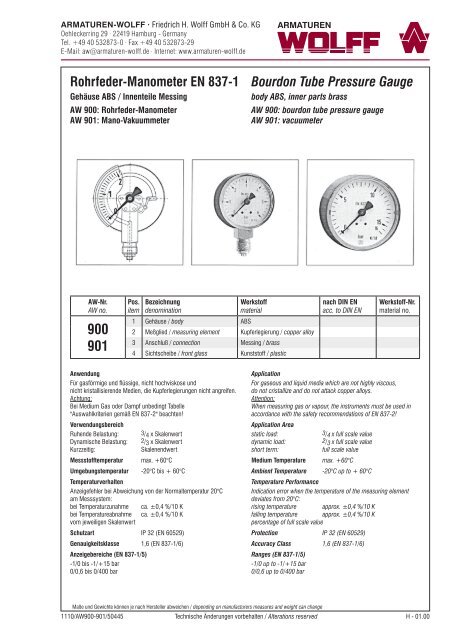 Rohrfeder-Manometer EN 837-1 Bourdon Tube Pressure Gauge