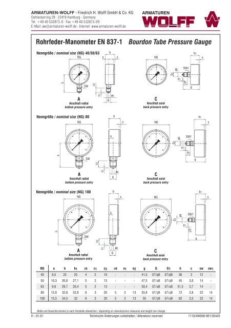 Rohrfeder-Manometer EN 837-1 Bourdon Tube Pressure Gauge