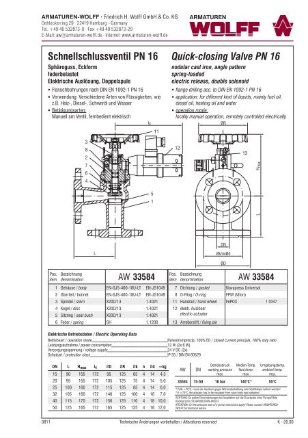 Schnellschlussventil PN 16 Quick-closing Valve PN 16