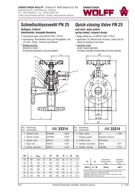 Schnellschlussventil PN 25 Quick-closing Valve PN 25