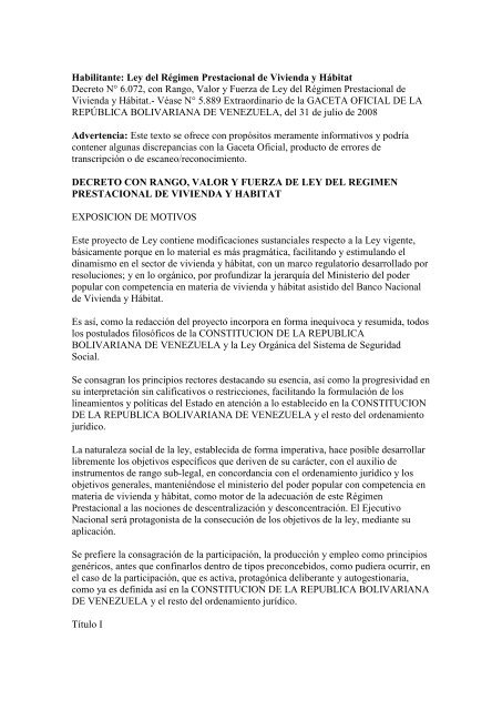 Ley del Régimen Prestacional de Vivienda y Hábitat - Home Page ...