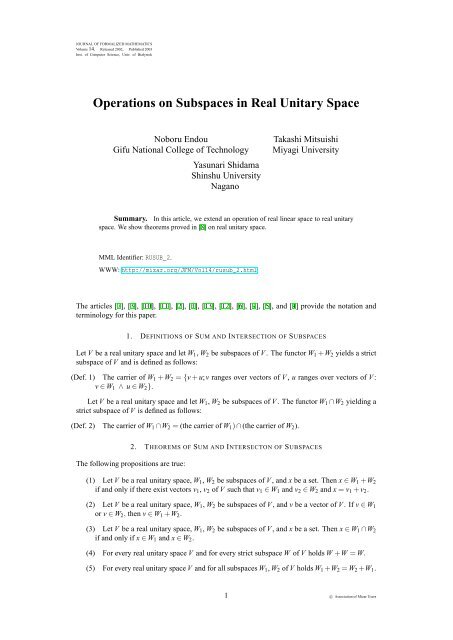Operations on Subspaces in Real Unitary Space