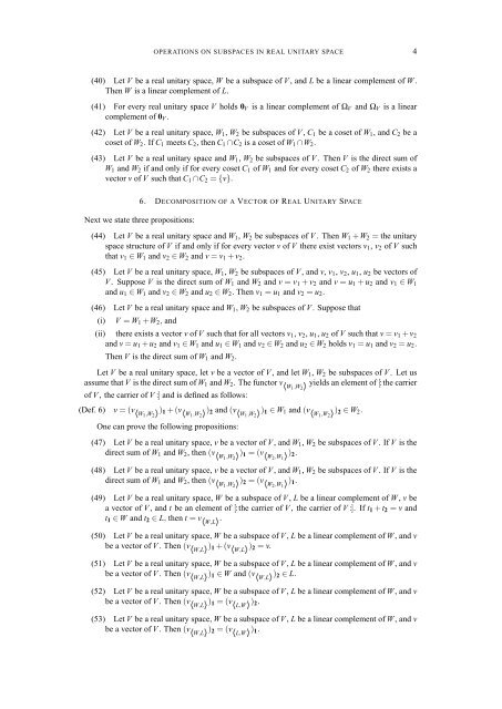 Operations on Subspaces in Real Unitary Space
