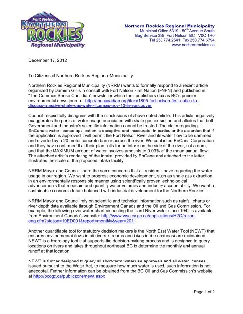 Community Letter Wat.. - Northern Rockies Regional Municipality