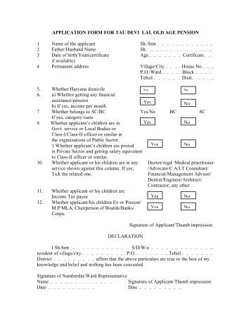 Application form for Tau Devi Lal old age pension - Panchkula