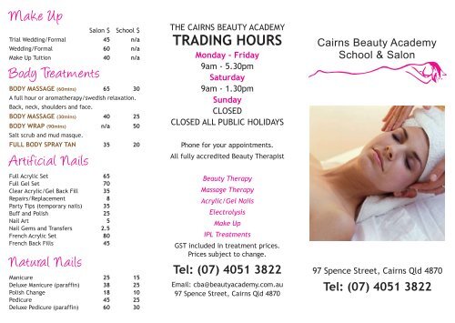 Cairns Beauty Price List Front 8527 Cairns Beauty Academy
