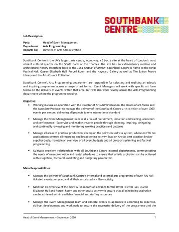 Head of Event Management Department: Arts ... - Southbank Centre