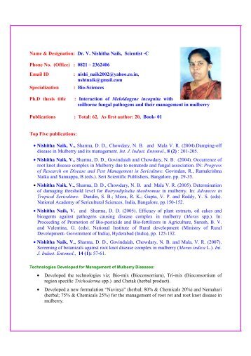 Dr. V. Nishitha Naik - Central Sericultural Research & Training Institute